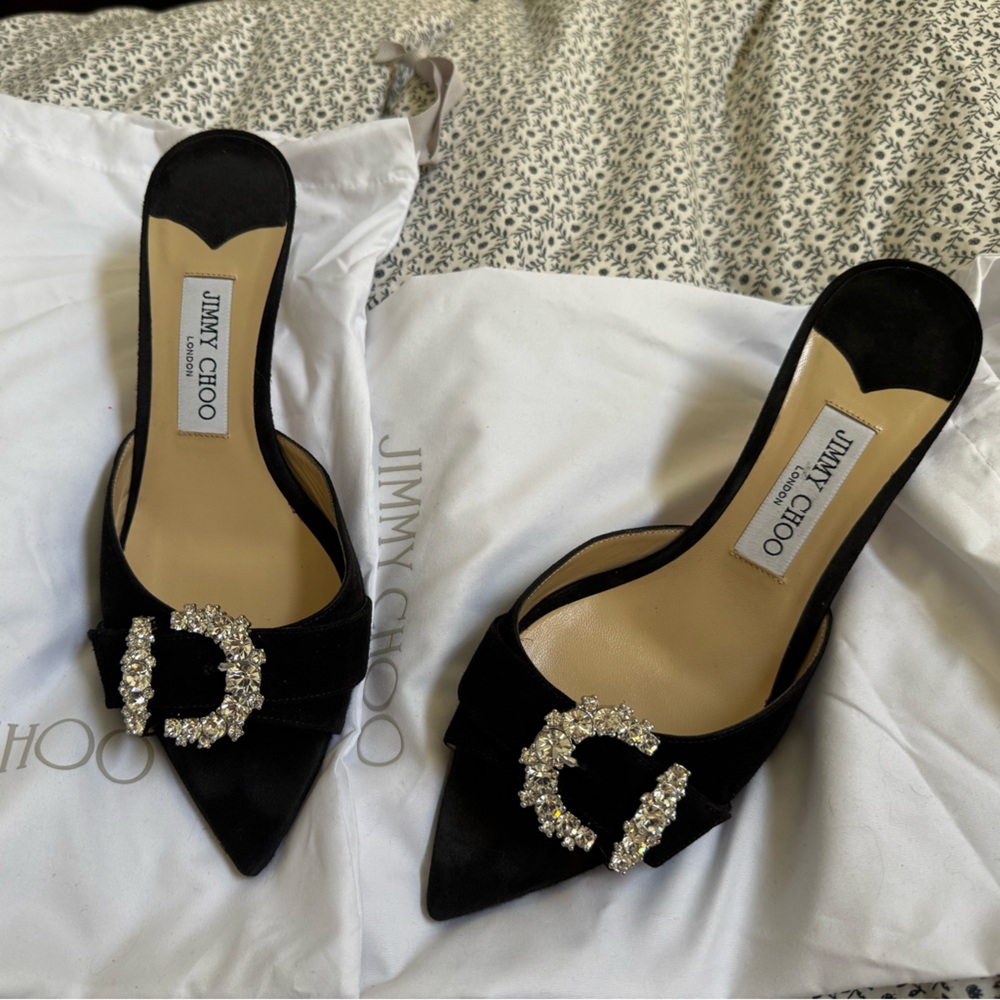 Jimmy CHOO Chrystal Peep Toe Buckle Suede Mules